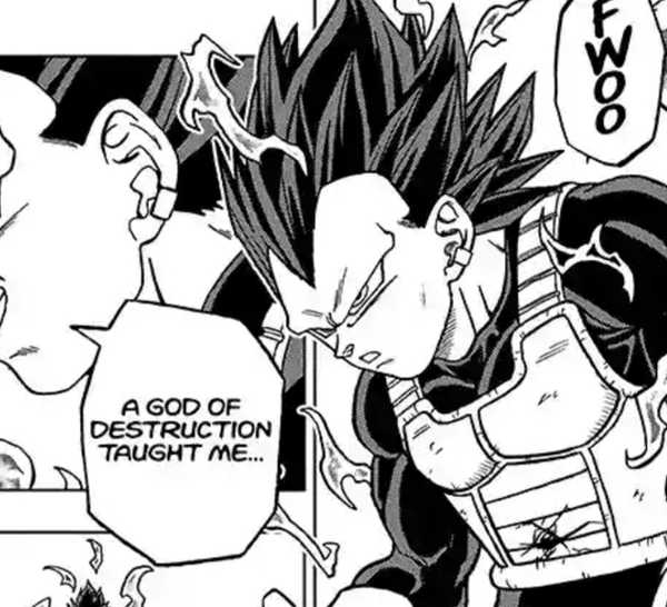 Vegeta atteignant l'ultra ego dans le chapitre 74 du manga Dragon Ball Super