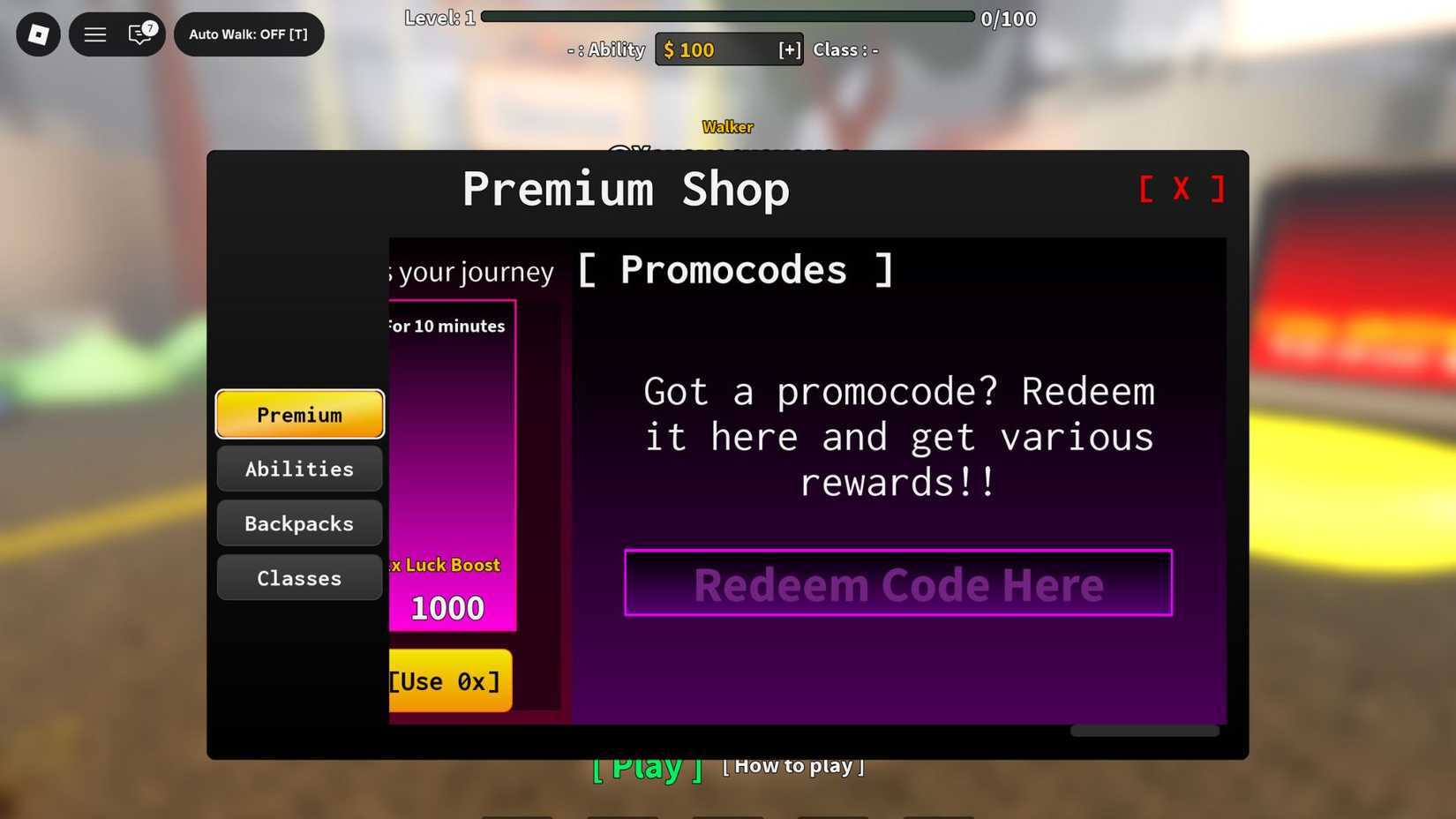 Walk or Die the codes tab