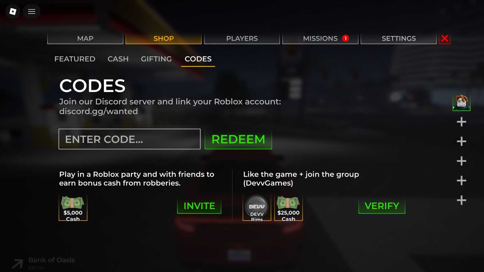 Wanted the codes tab