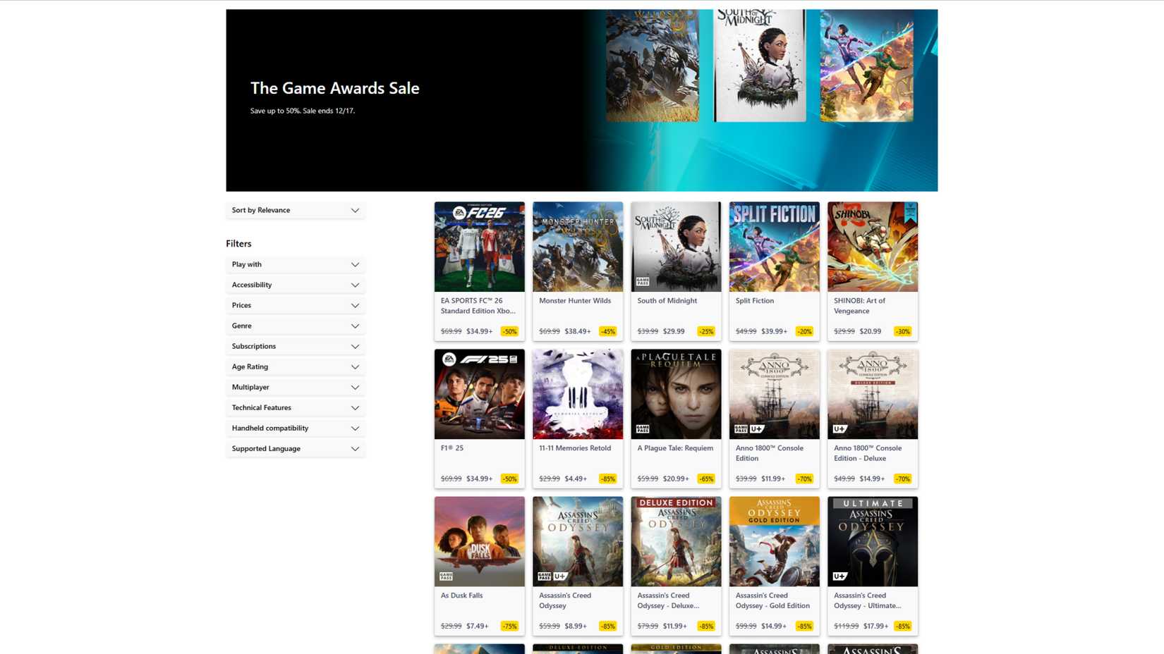 xbox the game awards sale website image split fiction south of midnight monster hunter wilds