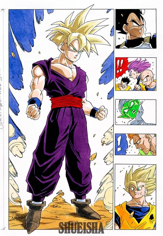 Trong Dragon Ball Z, Gohan ở trạng thái Siêu Saiyan tăng sức mạnh trong Giải đấu Cell, trong khi Vegeta, Yamcha, Future Trunks, Krillin, Piccolo, Android 16 và Goku ở trạng thái Siêu Saiyan theo dõi anh ta trong chương 404 của Dragon Ball.