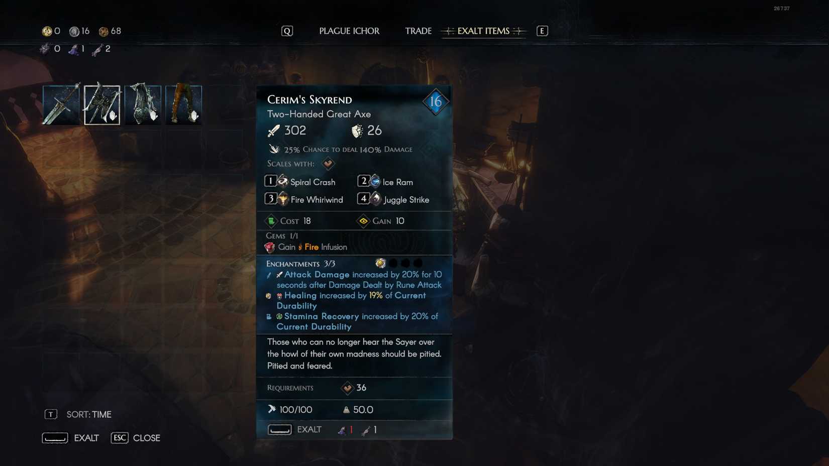 No Rest for the Wicked Exaltation Menu