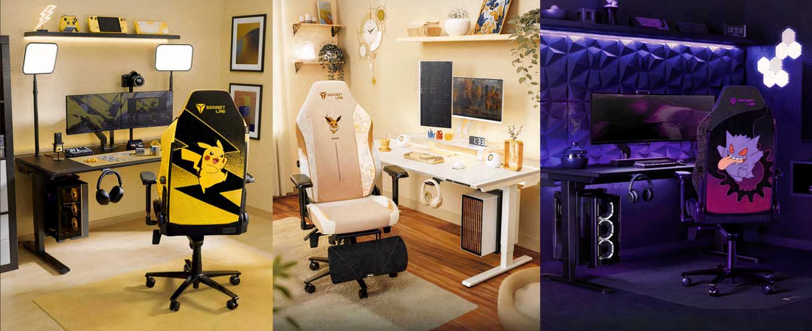 Secretlab's Titan Evo Pokémon Collection collaboration featuring Pikachu, Eevee, and Gengar chairs