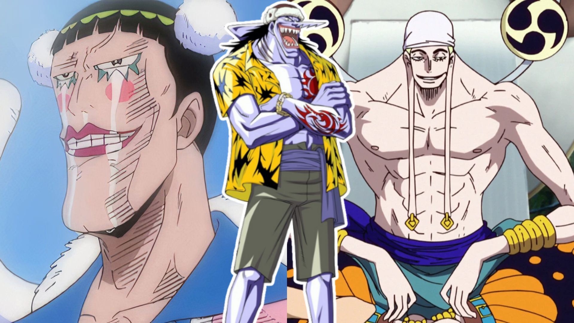 A collage of well-written One Piece that Eiichiro Oda forgot about: Bon Clay, Arlong, and Enel.