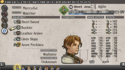 A character menu in Tactics Ogre Let Us Cling Together (PSP)