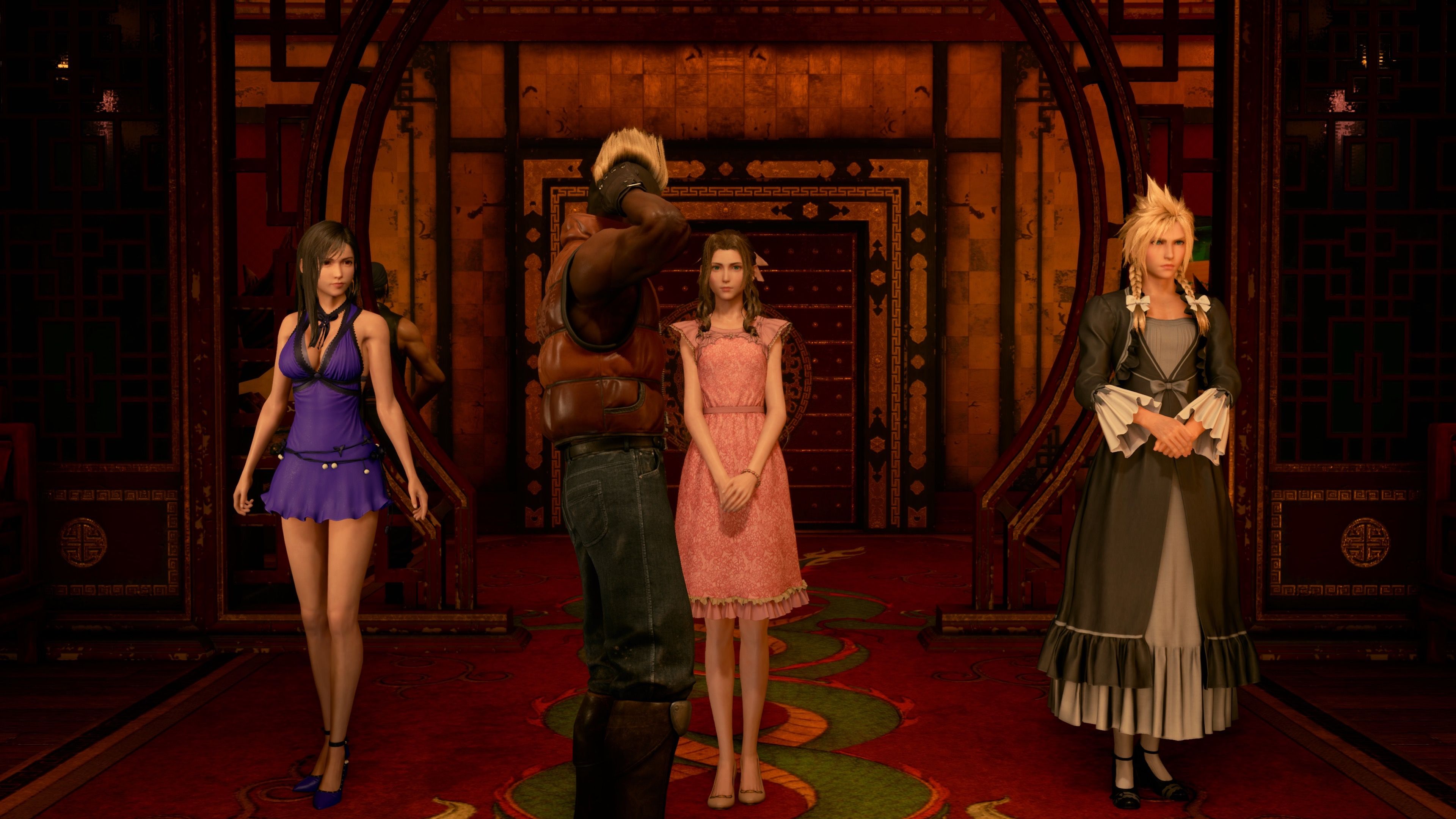 A judging dress scene in Final Fantasy 7 Remake (2020)