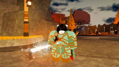 a roblox the forge player holding a falchion