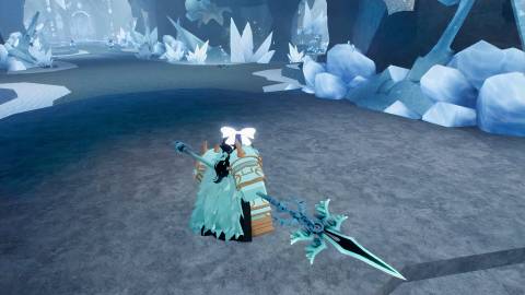 a roblox the forge player holding an angelic spear 