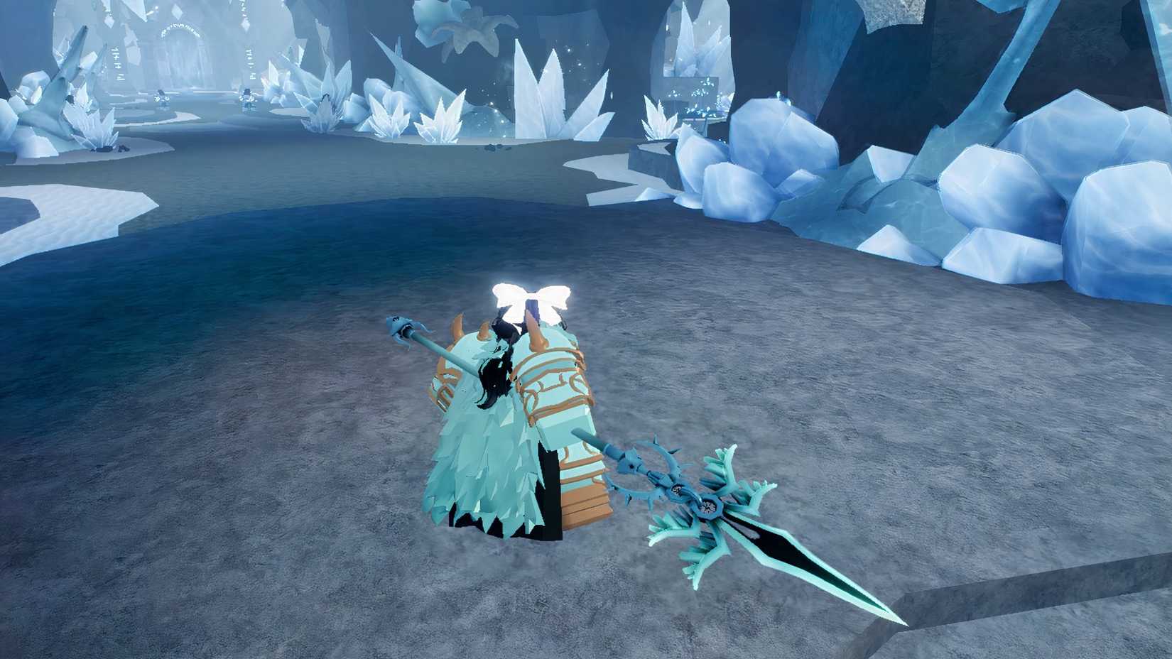 a roblox the forge player holding an angelic spear 