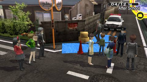 A scene featuring characters at a crime scene in Persona 4 (2008)