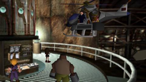 A scene featuring characters facing a helicopter in Final Fantasy 7 (1997)