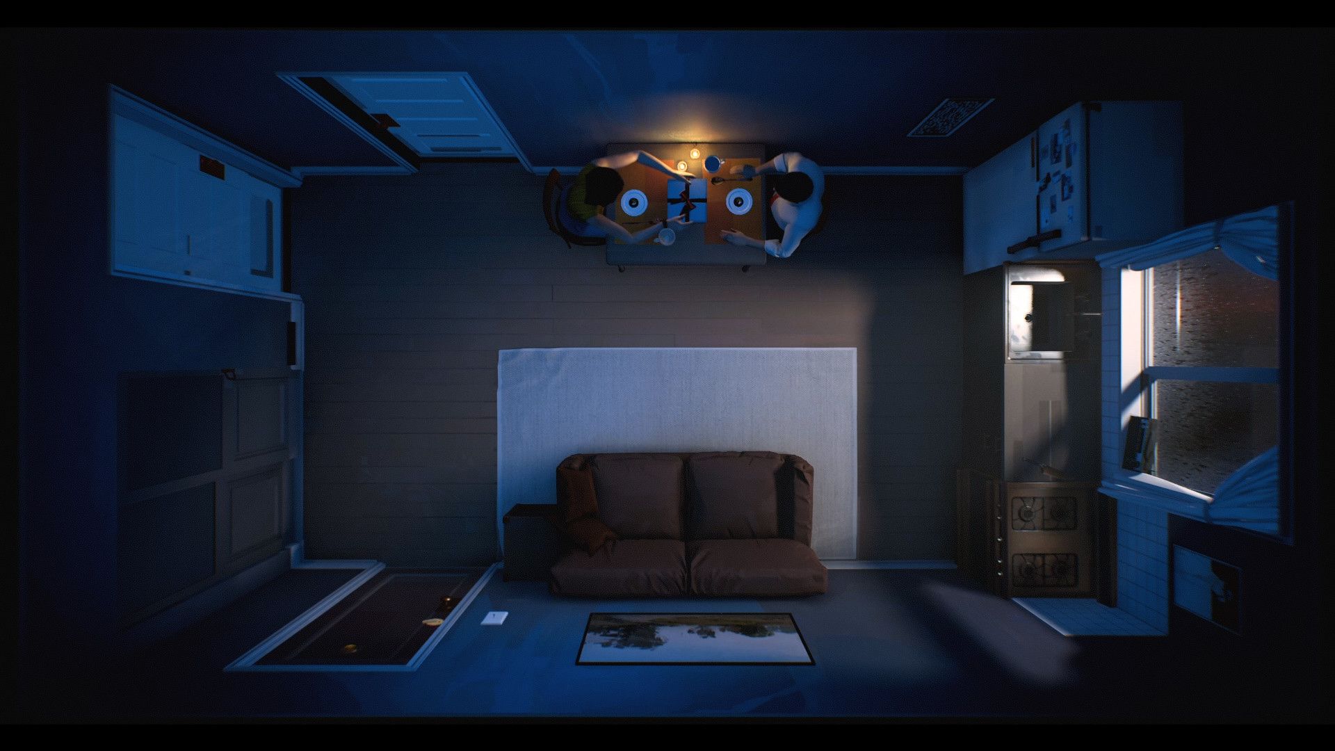 A scene featuring characters having dinner in 12 Minutes (2021)