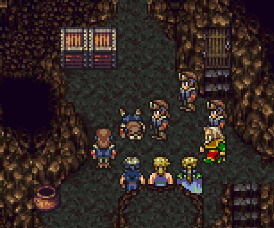 A scene featuring characters in a cave in Final Fantasy 6 (SNES)