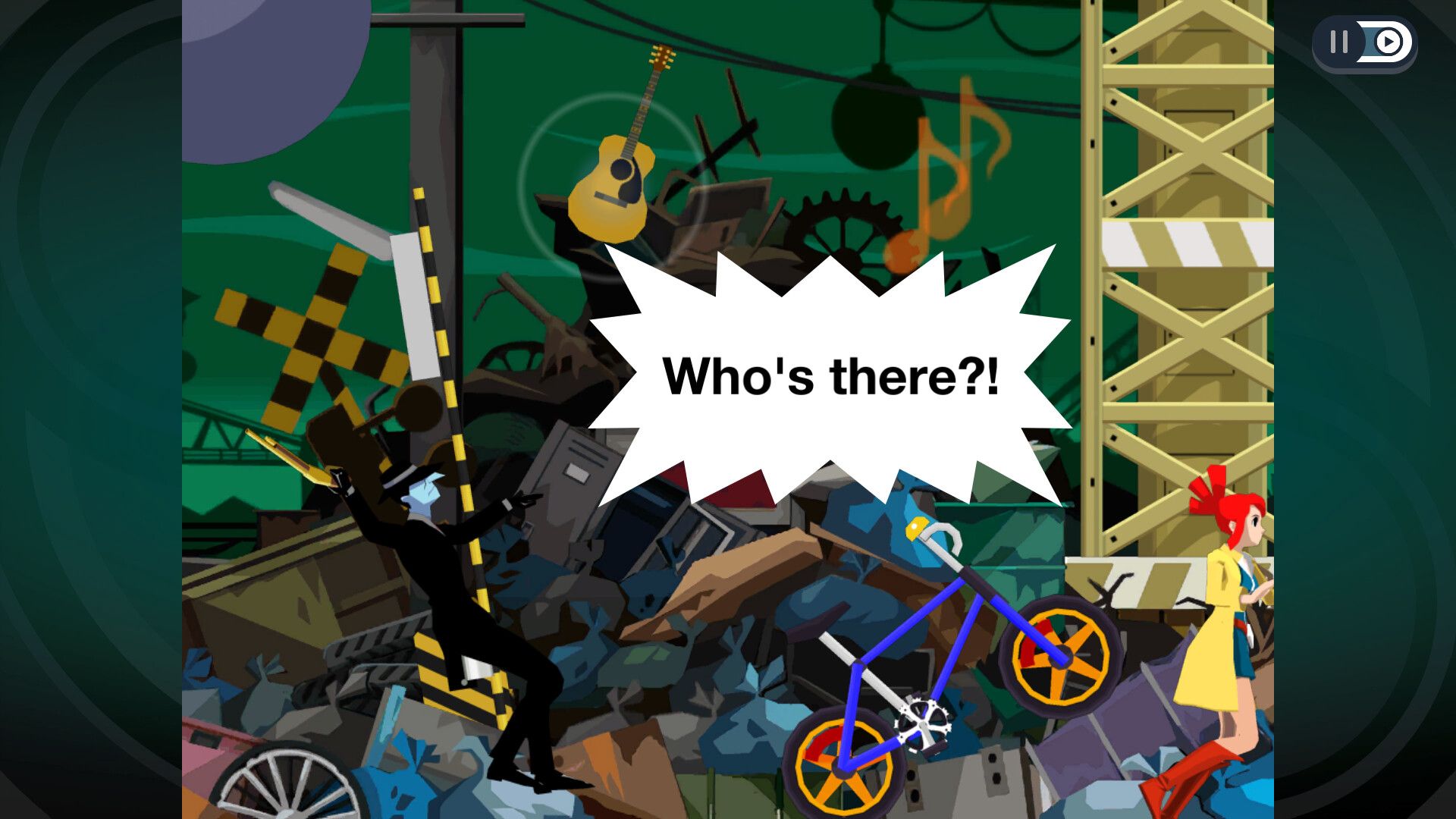 A scene featuring characters in a junkyard in Ghost Trick Phantom Detective (2011)