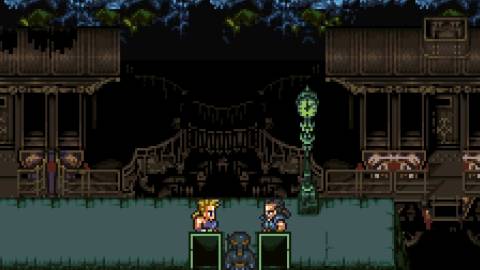 A scene featuring characters in a train yard in Final Fantasy 6 (SNES)