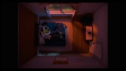 A scene featuring characters sleeping in 12 Minutes (2021)