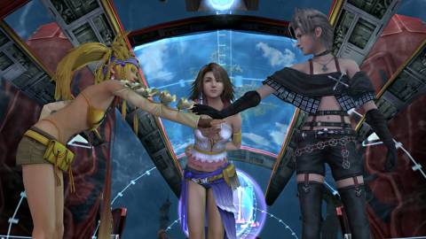 A team huddle in Final Fantasy 10-2 (2003)