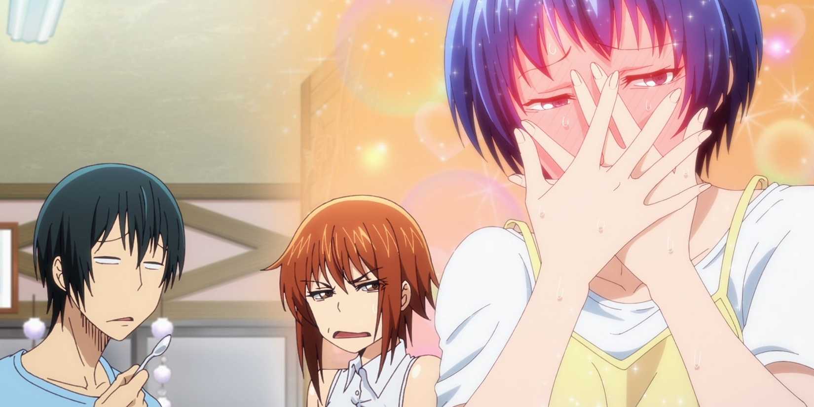 Aina Yoshiwara rodnar medan Iori och Chisa tittar förvirrat på henne.