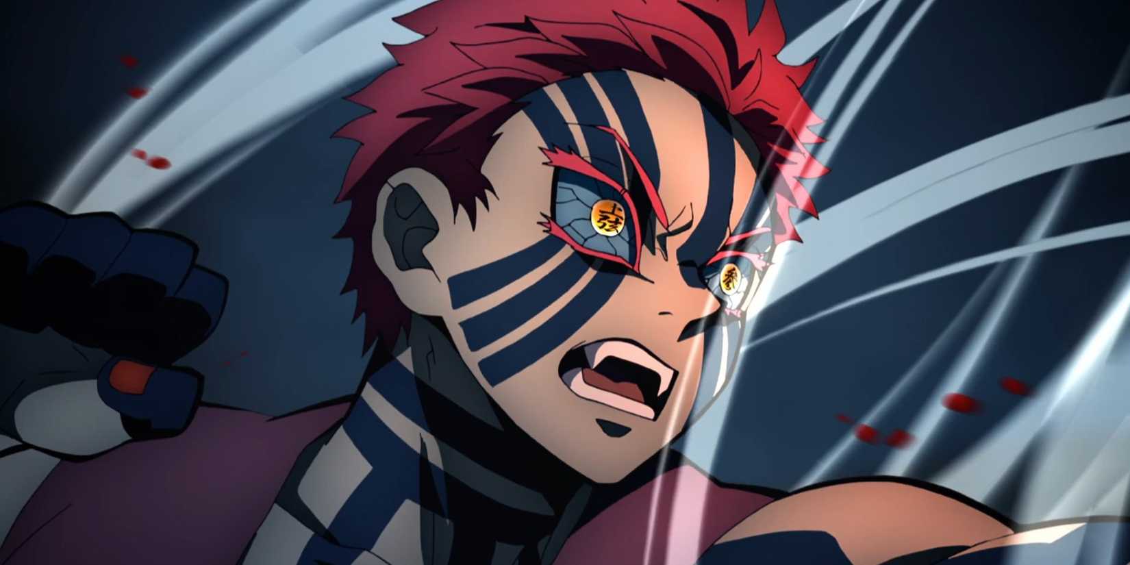 Akaza draws back his fist in a fight.