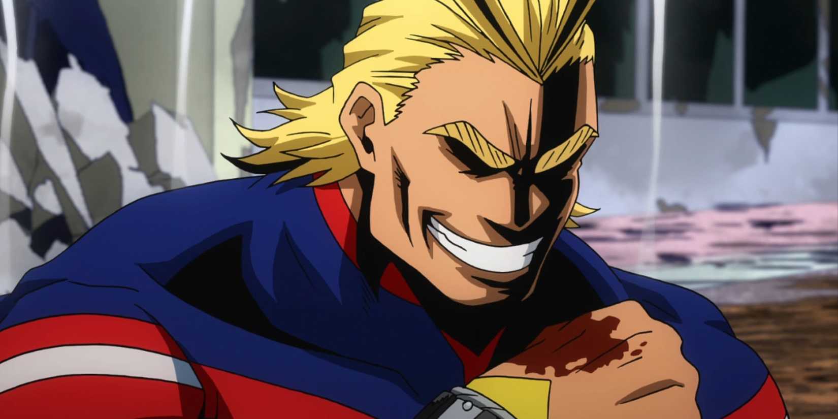 All Might smiles with blood on his hand.