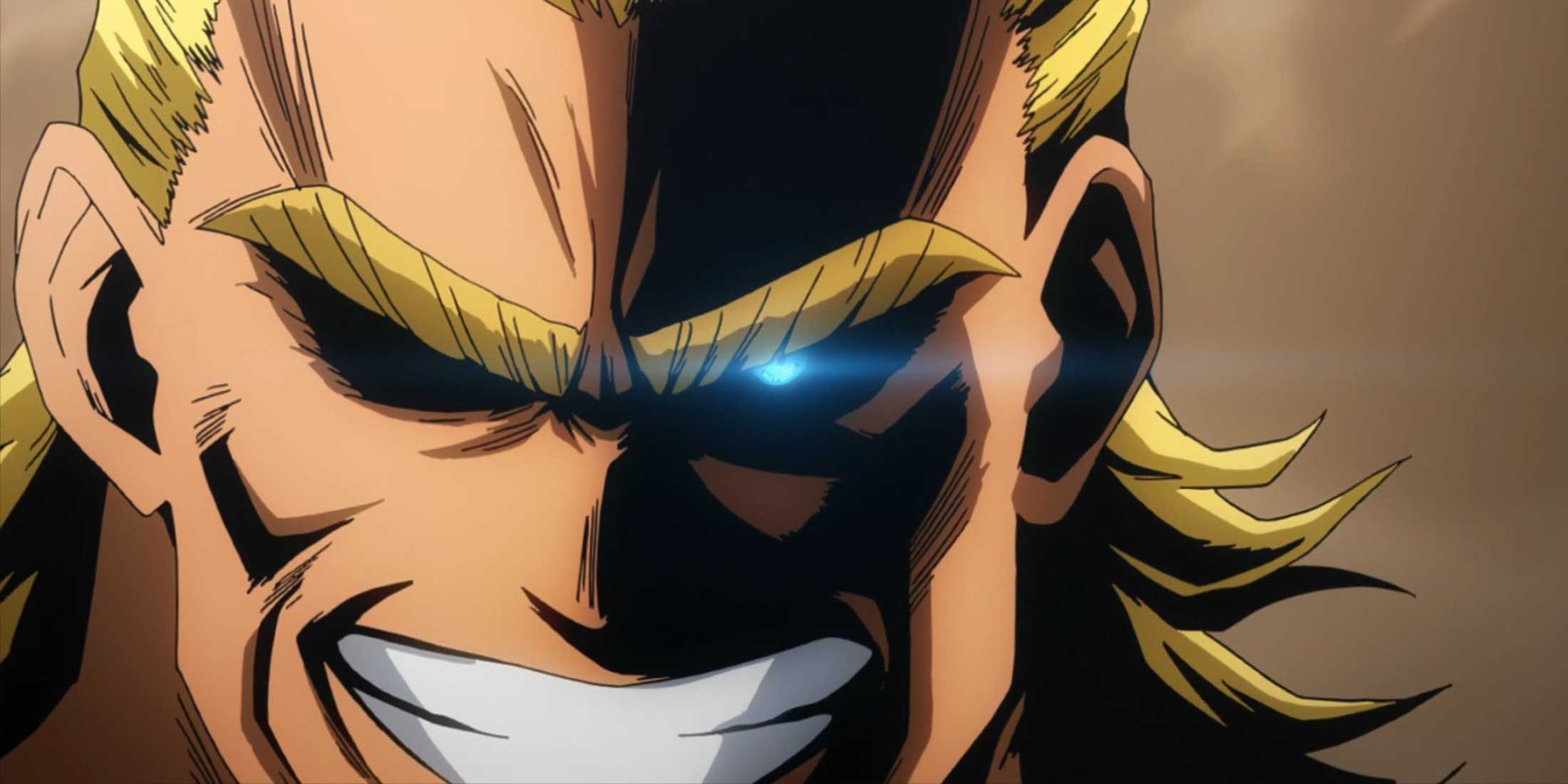 All Might smiles with one eye glowing blue.