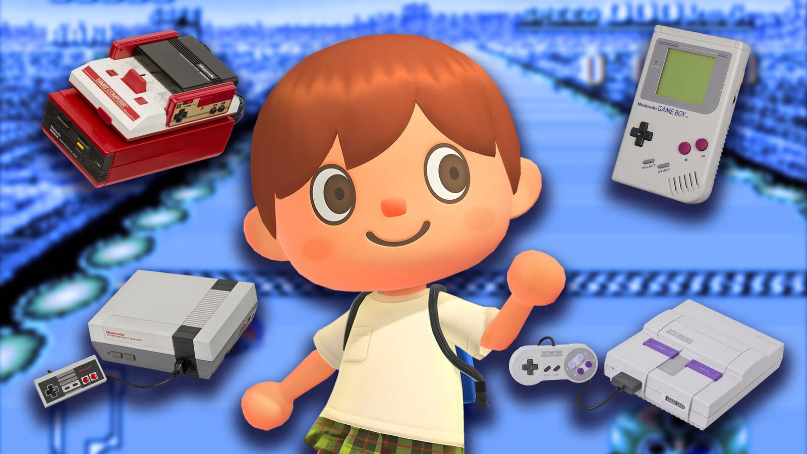 An Animal Crossing: New Horizons character surrounded by a Game Boy, a Famicon Disk System, a NES, and a Super NES