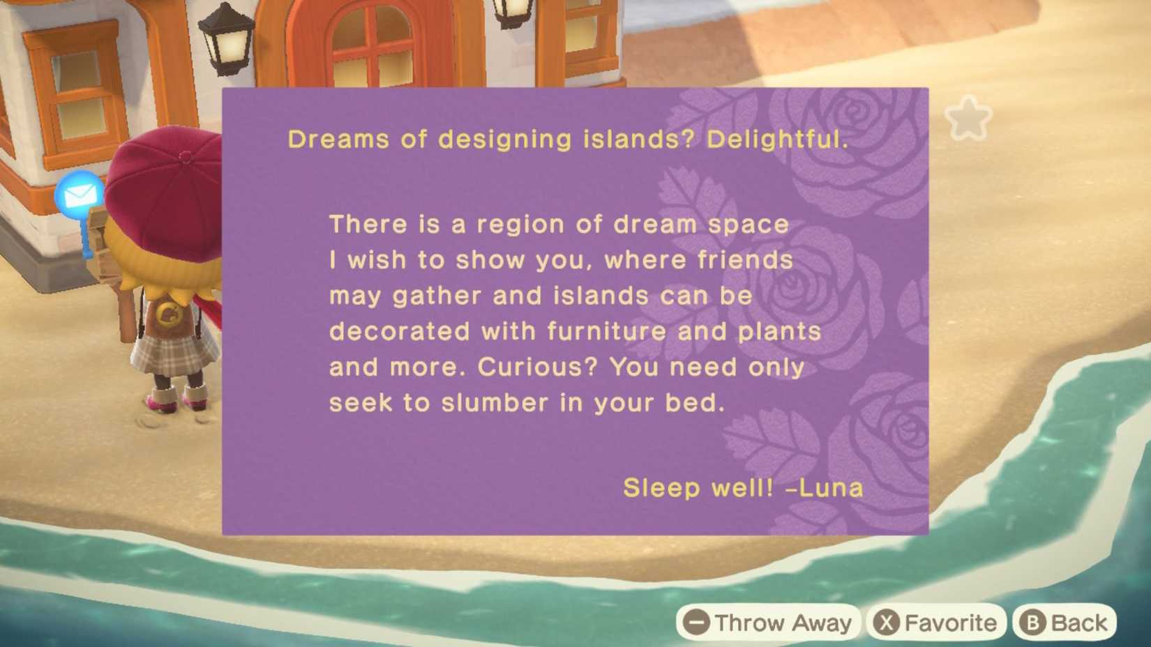 A player reading a letter from Luna describing a new dream area in Animal Crossing: New Horizons