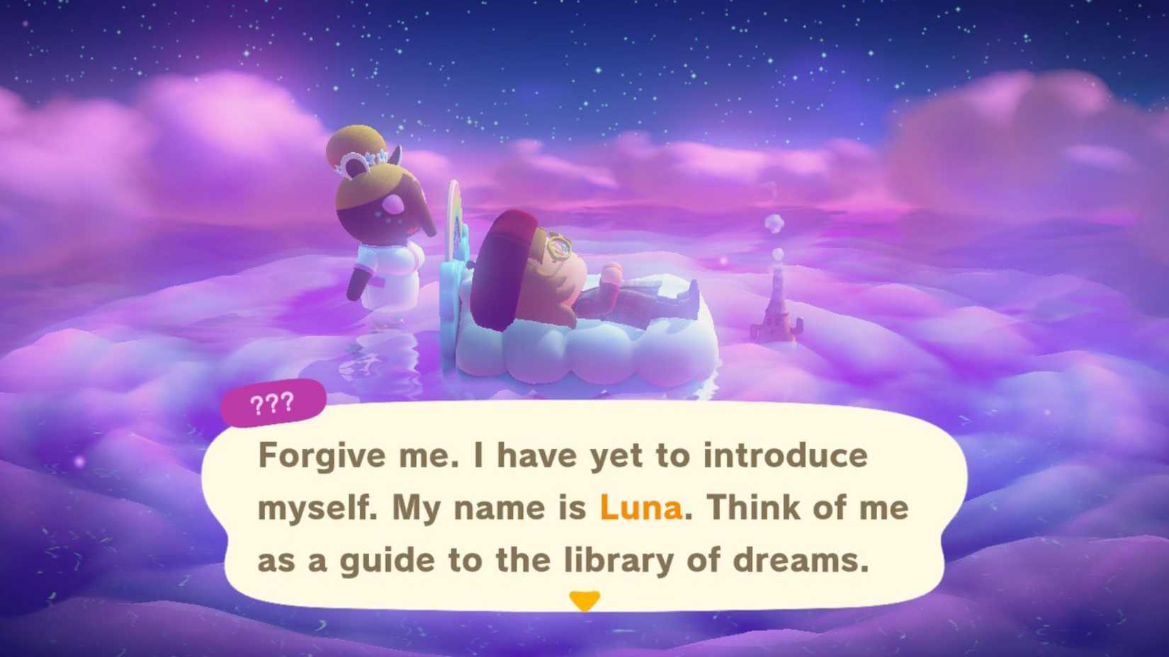 A player meeting Luna in the dream world for the first time in Animal Crossing: New Horizons.