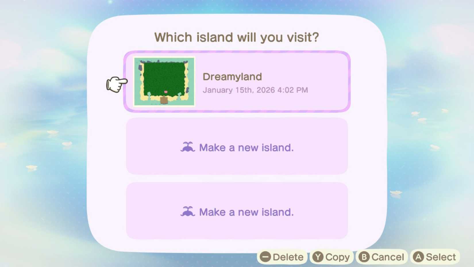 A player viewing their three Slumber Island slots in Animal Crossing: New Horizons