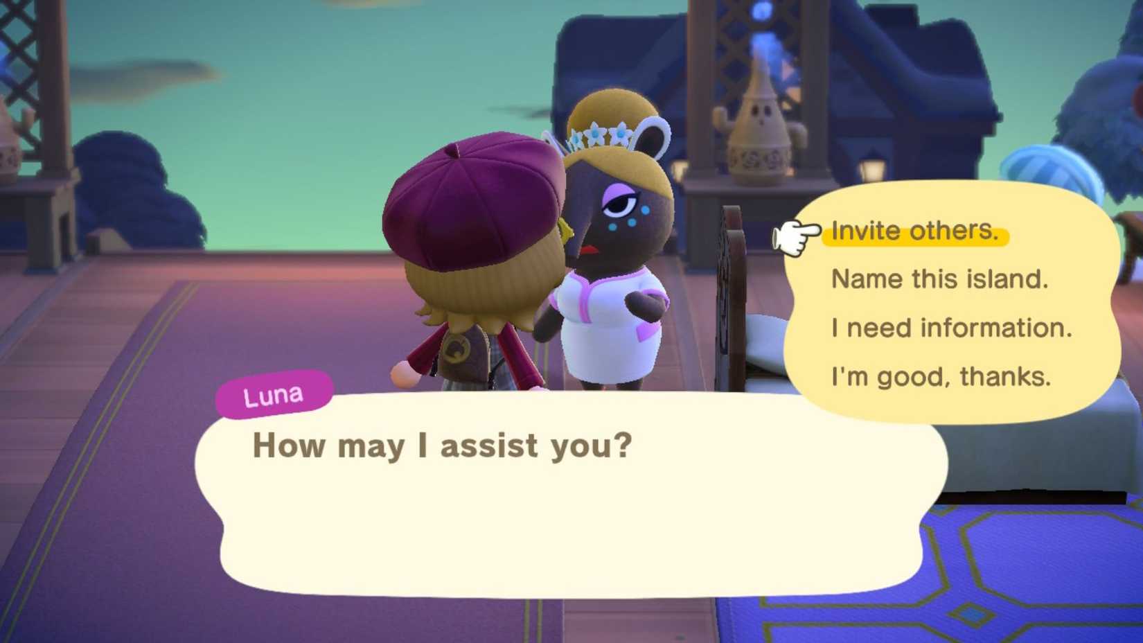 A player speaking with Luna on a Slumber Island with the "invite others" option selected in Animal Crossing: New Horizons