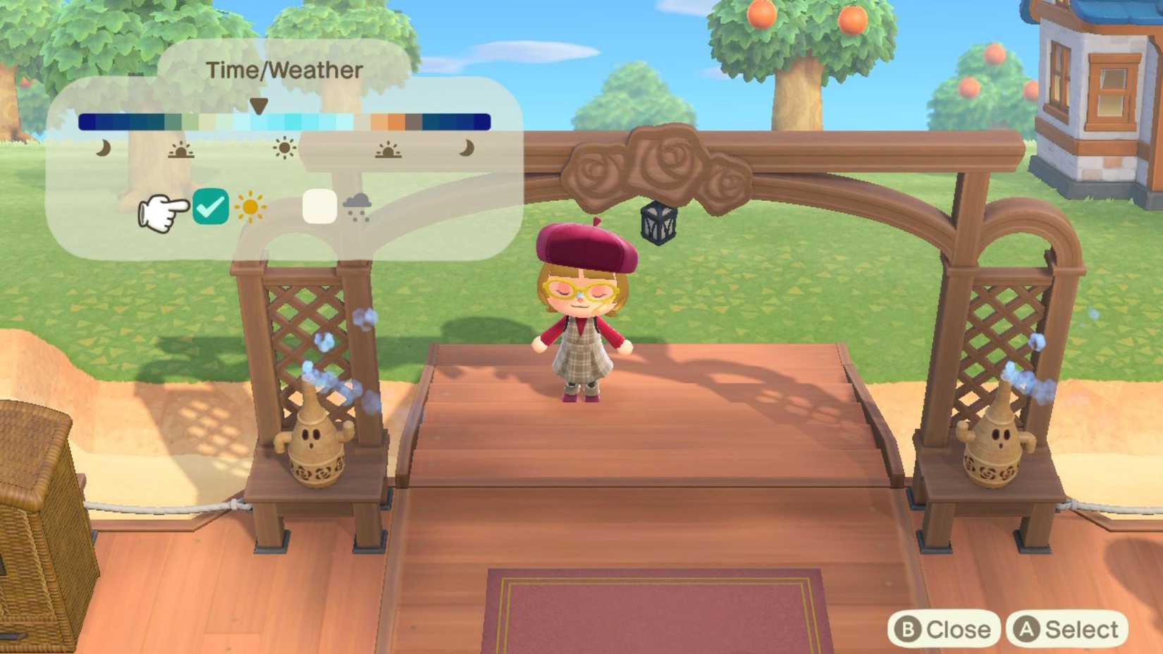 A player changing the time of day and the weather on a Slumber Island in Animal Crossing: New Horizons