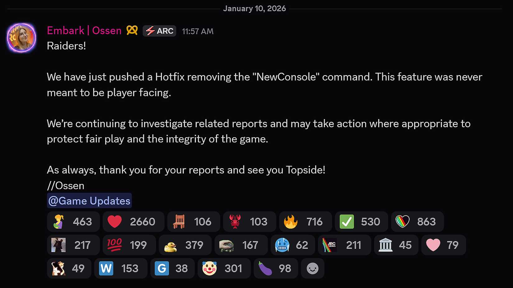 ARC Raiders 10 January 2026 hotfix patch fov cheat mini Discord patch notes