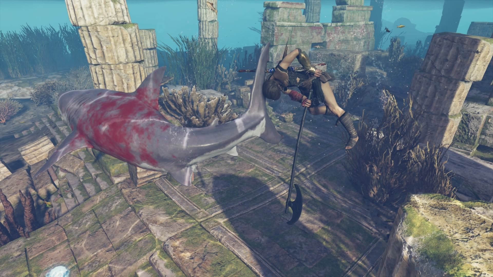 Attacking a shark underwater in Assassin’s Creed Odyssey (2018)