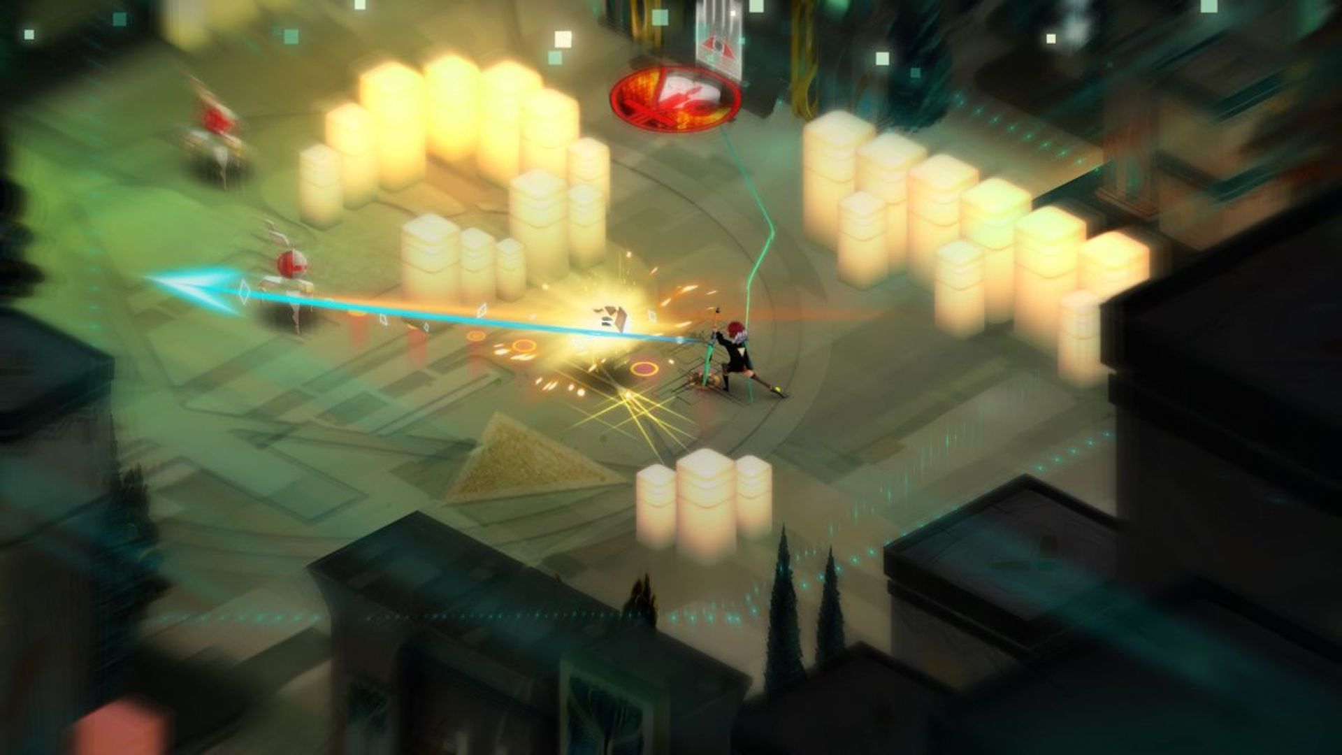 Attacking an enemy in Transistor (2014)
