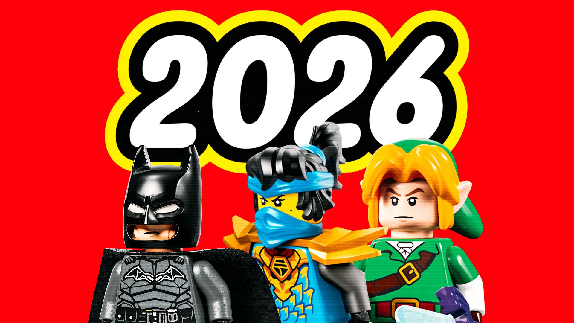 Batman Ninjago Link Legend of Zelda minifigures below LEGO 2026 tagline red background composite