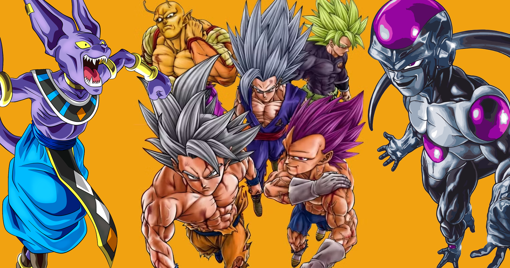 Beerus, Orange Piccolo, Gohan Beast, Legendary Super Saiyan Broly, Black Frieza, Ultra Instinct Goku, and Ultra Ego Vegeta
