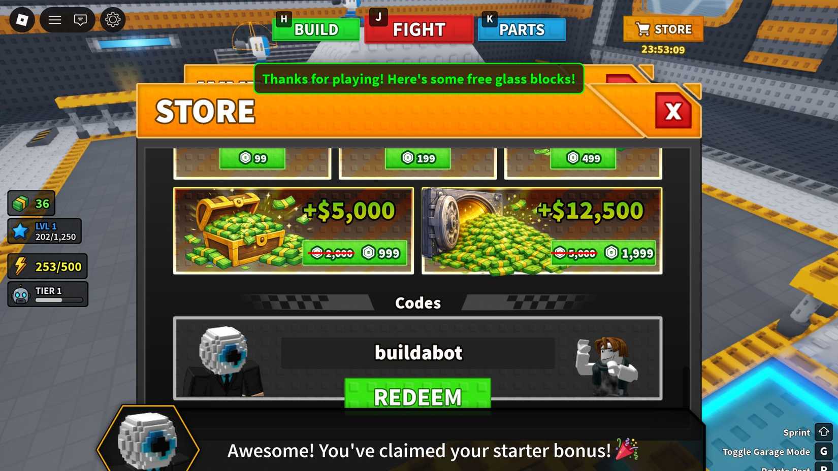 Build a Bot and Fight - the codes tab