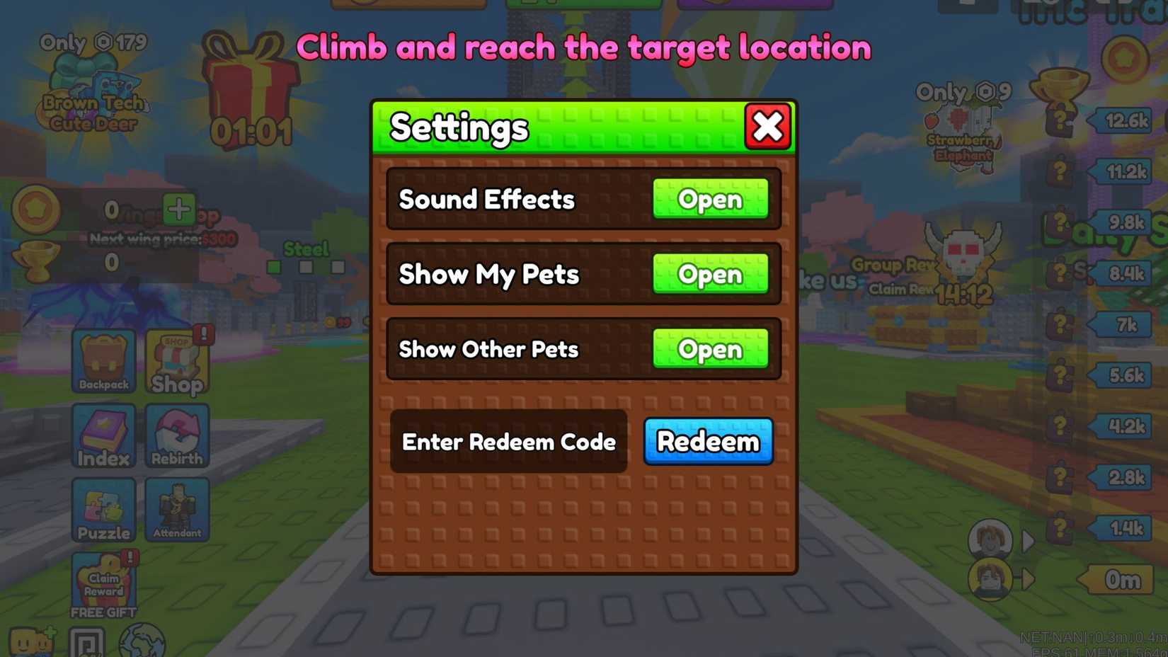 Build a Tower to Jump - the codes tab
