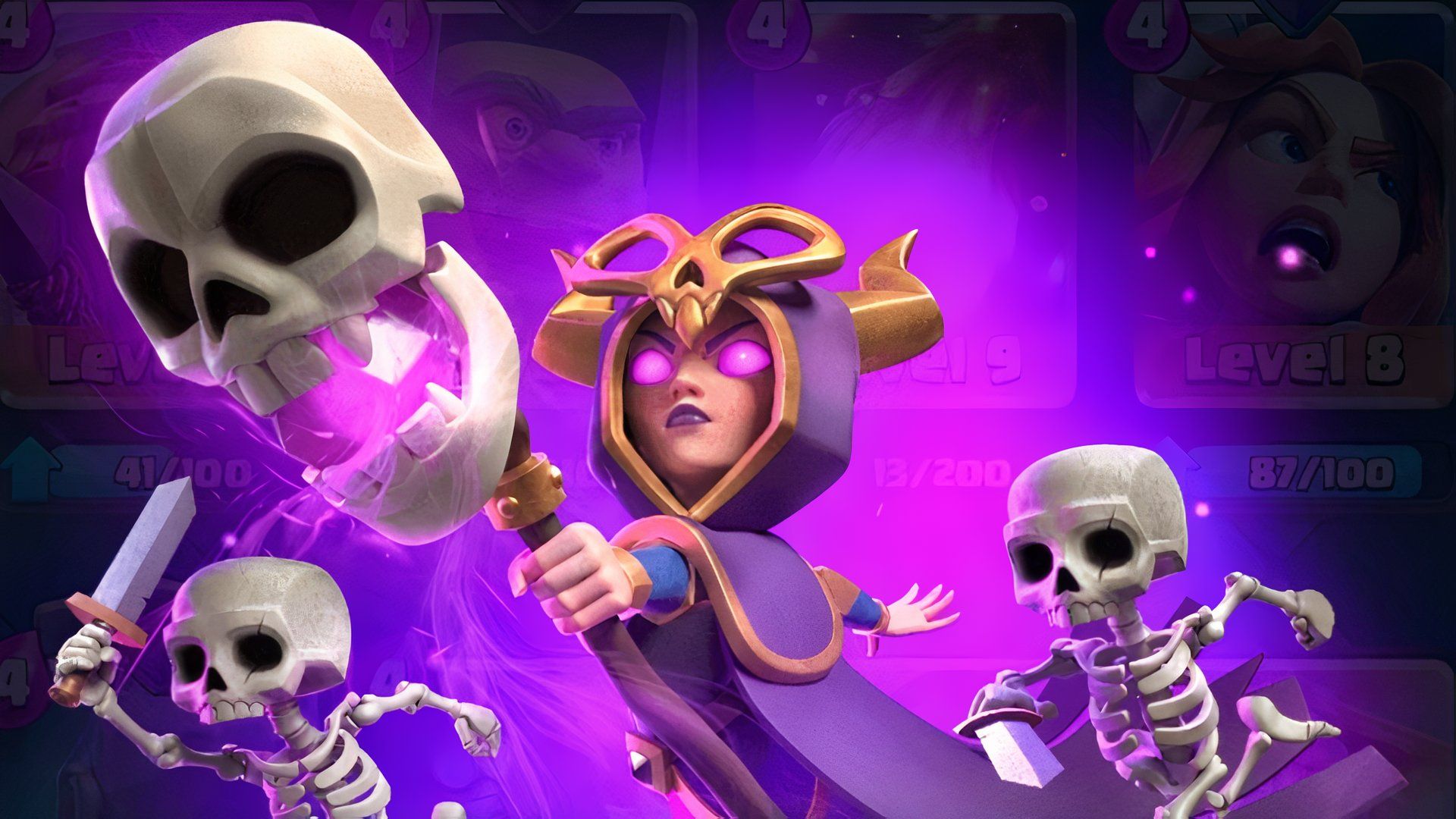 clash royale’s evo witch posing with her spawned skeletons