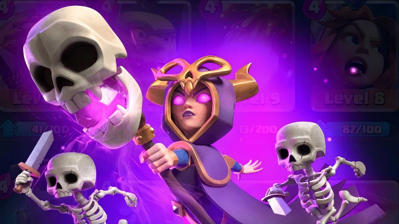 clash royale’s evo witch posing with her spawned skeletons