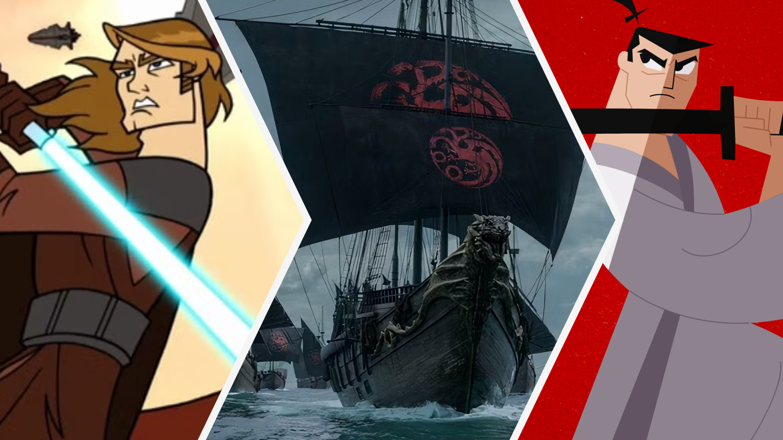Clone Wars 2003 Anakin with Lightsaber, Dany's Targaryen ship from Game of Thrones, and Jack with sword from Samurai Jack