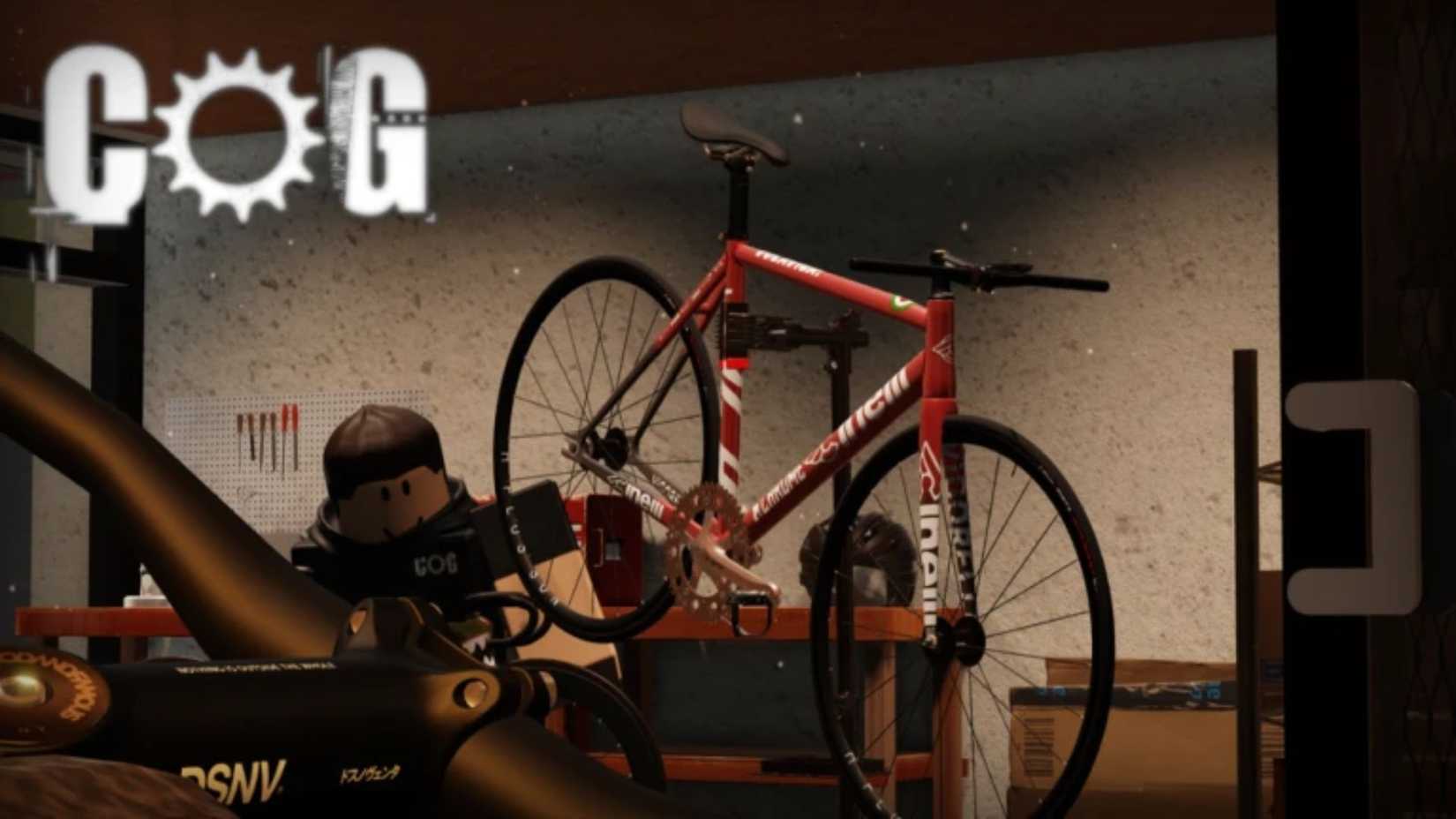 Cog character next to a bike