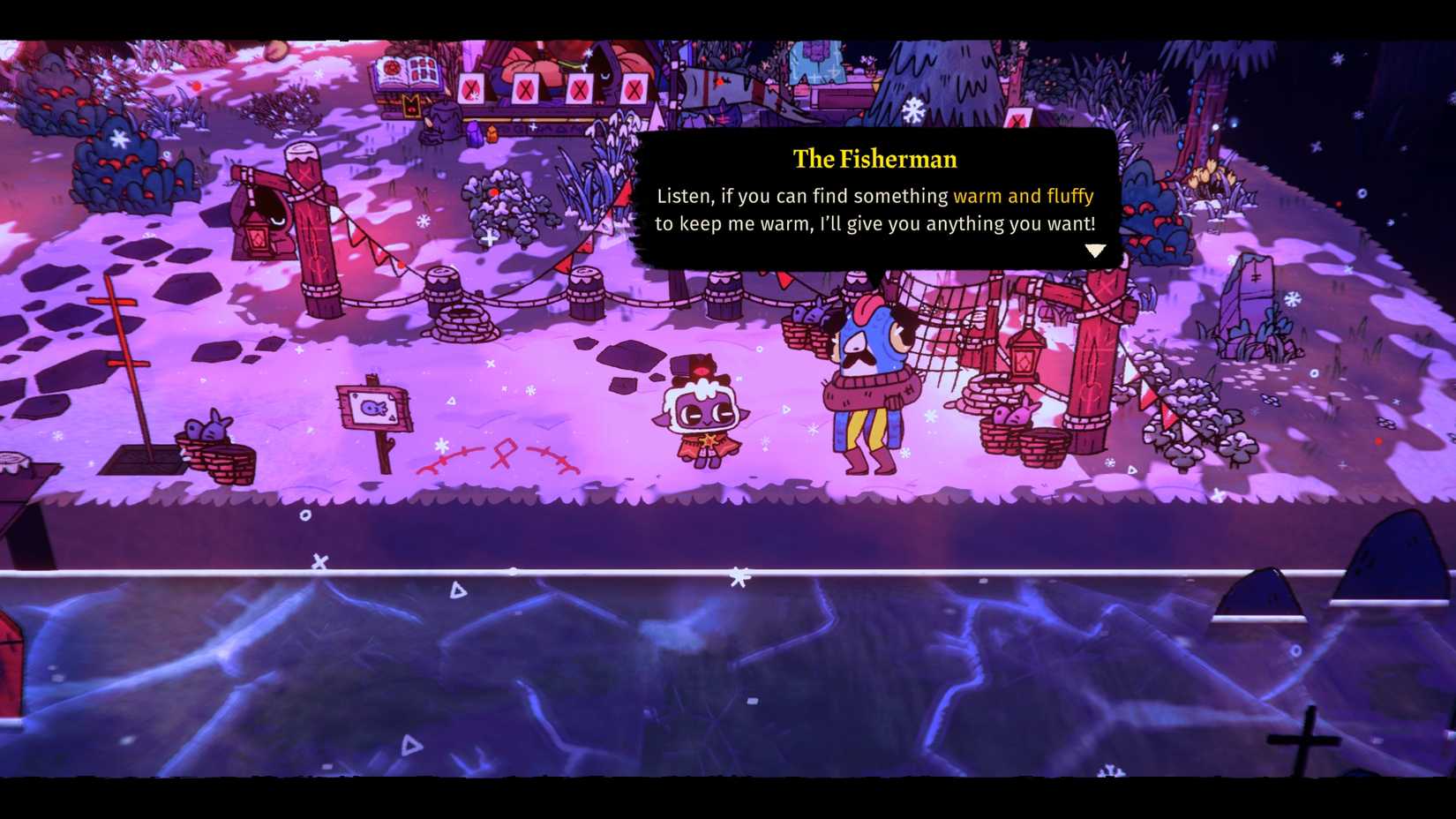 cult-of-the-lamb-cotl-woolhaven-dlc-how-find-scylla-ewefall-legendary-dagger-quest-fishing-rod - give 5 wool to the fisherman to get fishing rod