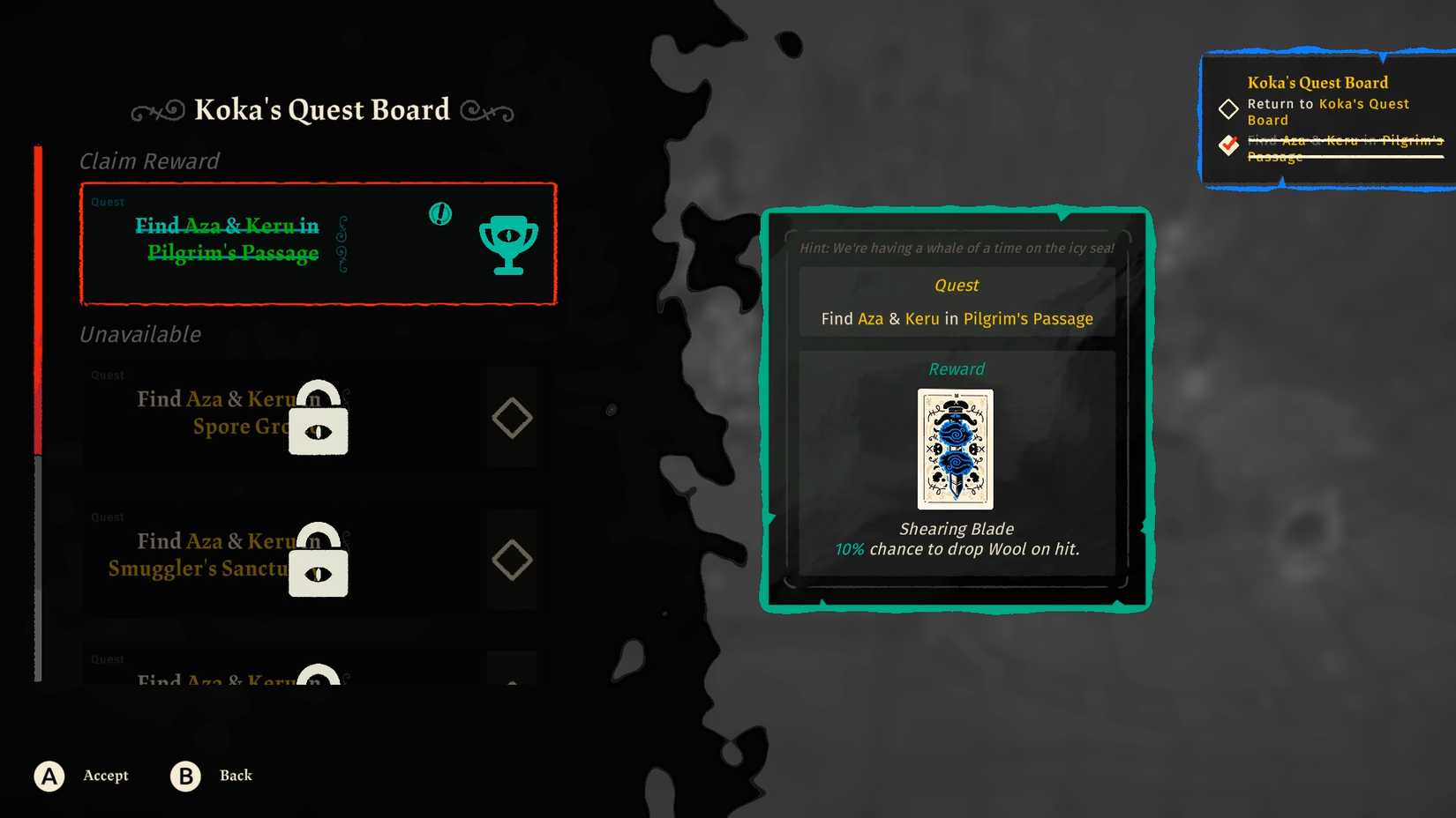 cult-of-lambs-wool-dlc-aza-keru-location-hide-seek-where-to-find - reward for the passage of the pilgrim