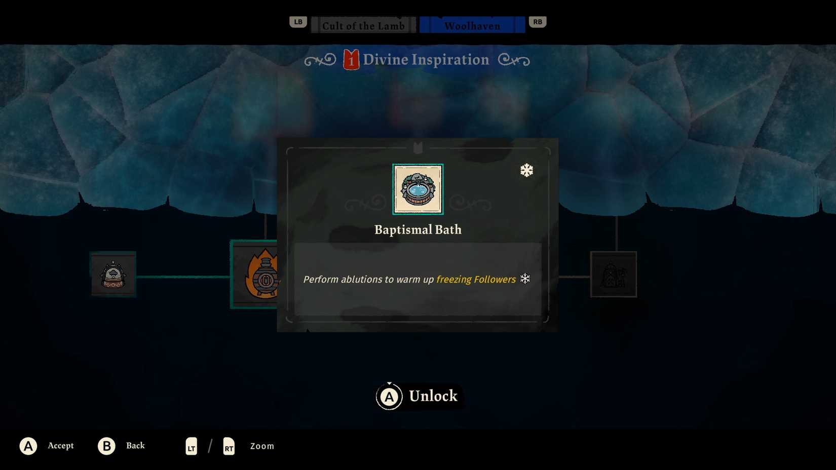 cult-of-the-lamb-woolhaven-dlc-how-warm-followers-flock-rotburn-furnace - baptismal bath frozen freeze follower