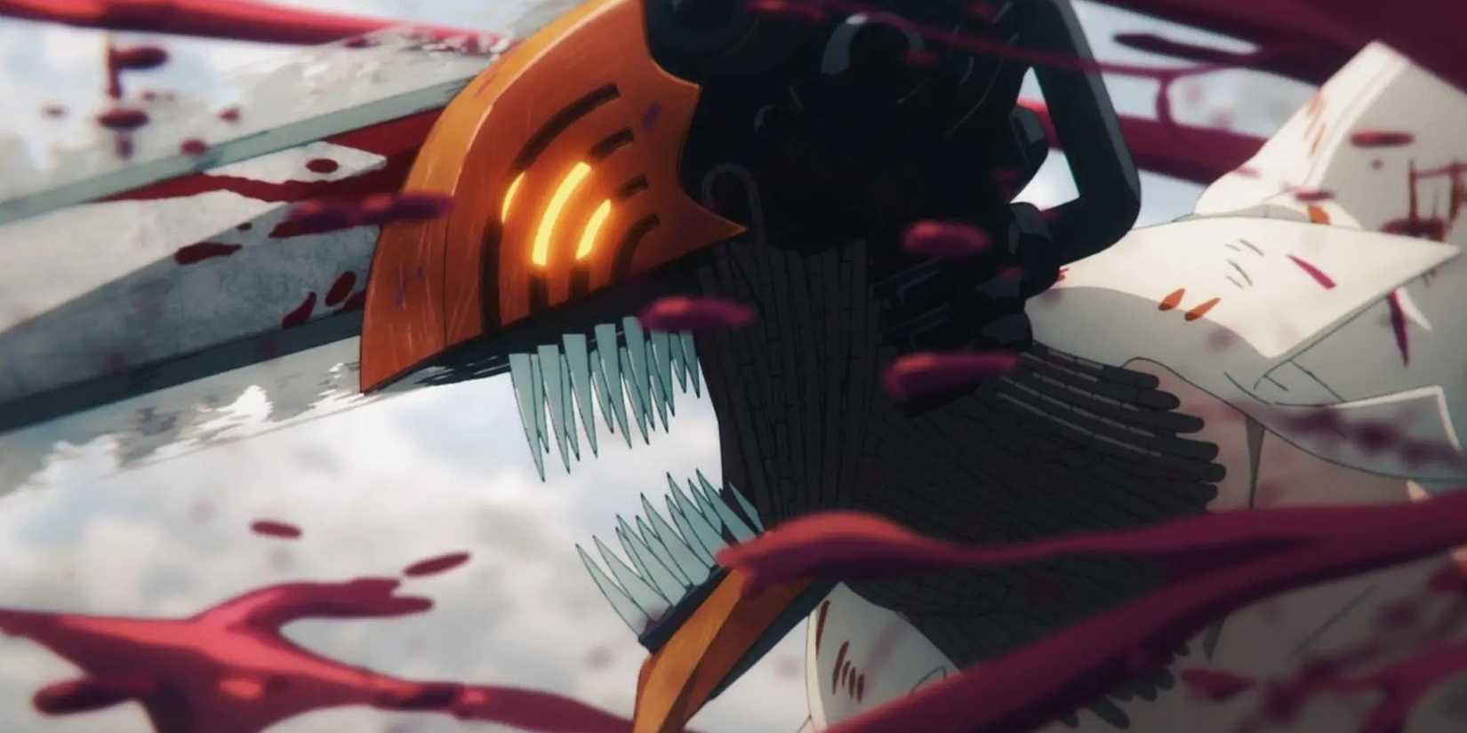 Denji is fighting as Chainsaw Man with blood everywhere.