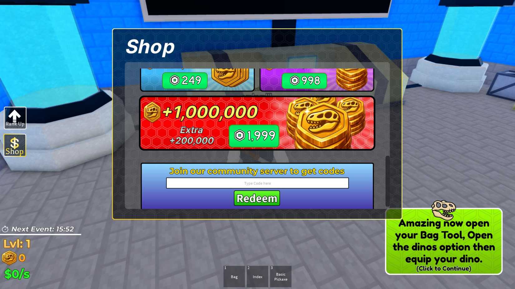 Dig All Dinos - the codes tab