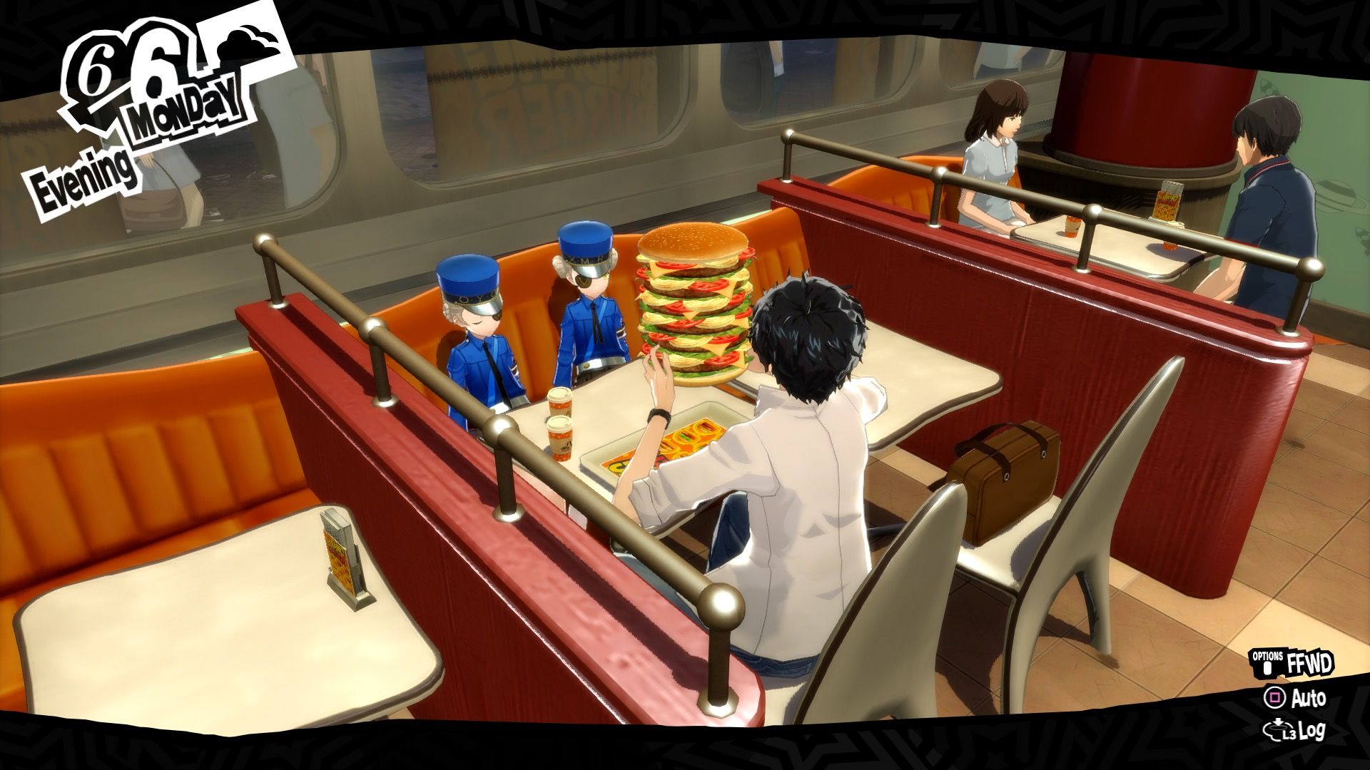 Eating a burger in Persona 5 (2016)