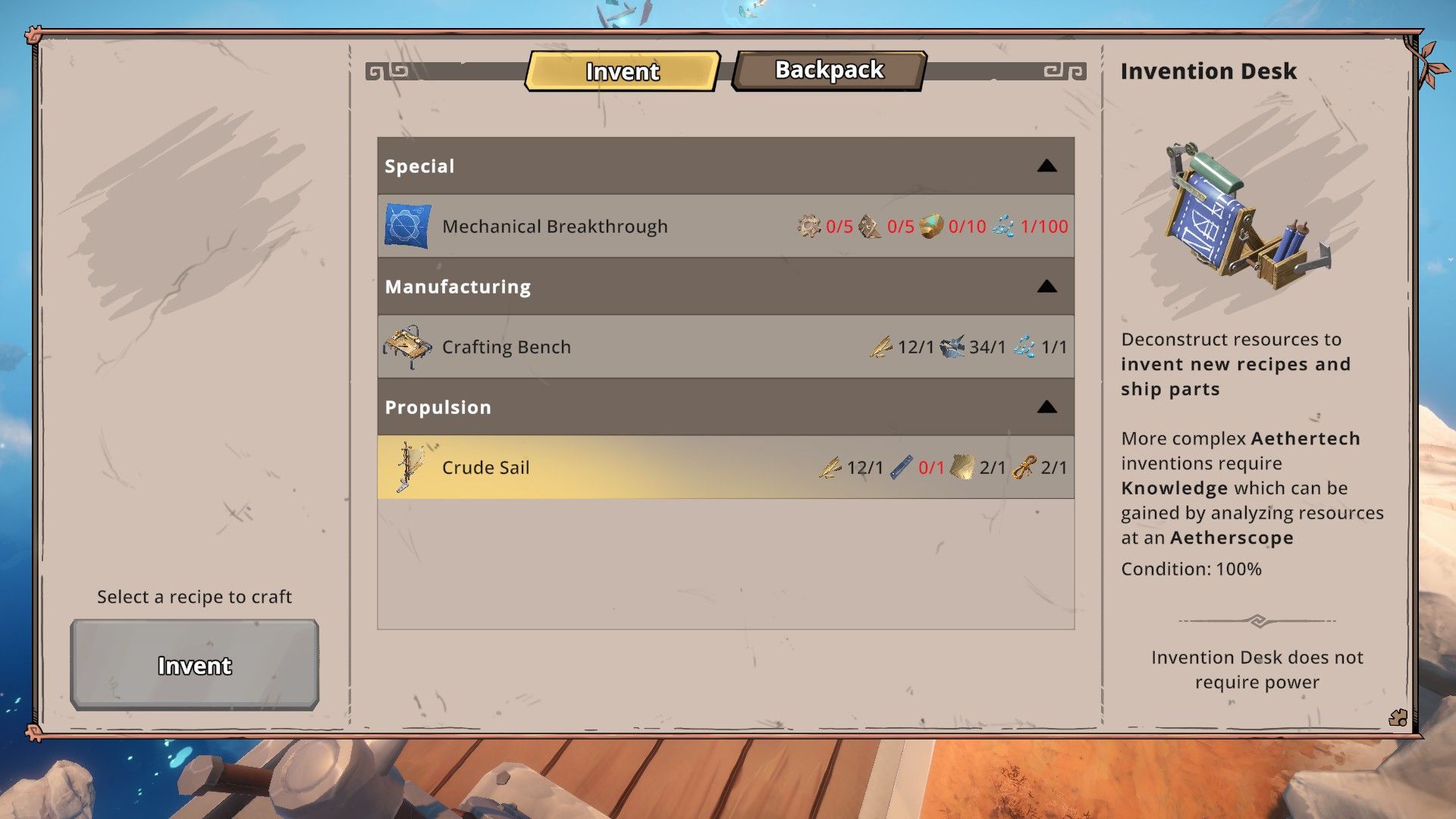 Echoes of Elysium discovering Sails recipe