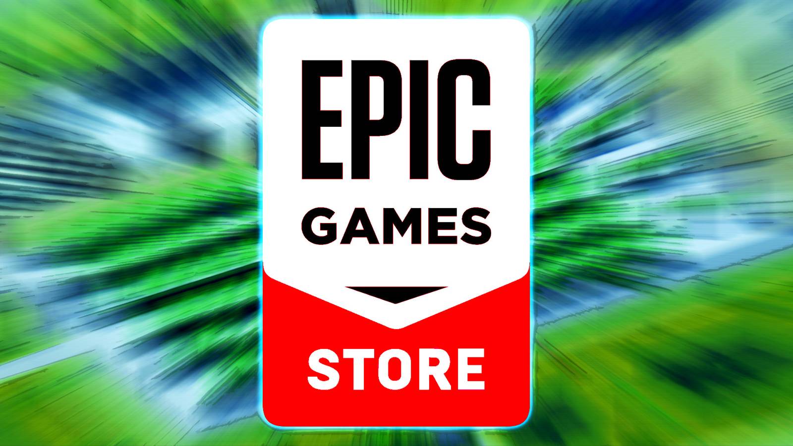 Epic Games Store red logo over blueish blurred background
